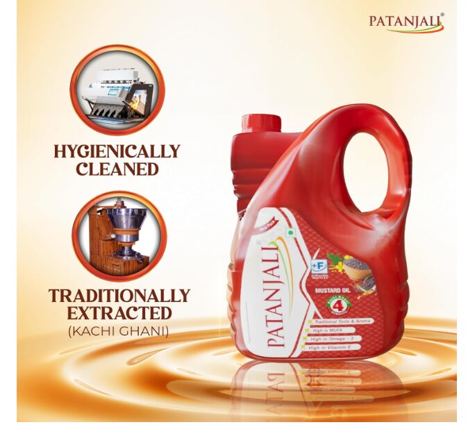 Patanjali Kachi Ghani Mustard Oil 5L - Cold Pressed Sarson Ka Tel Edible Cooking Oil | Suitable for Tempering Frying & Pickling | 100% Vegetarian | No Additives