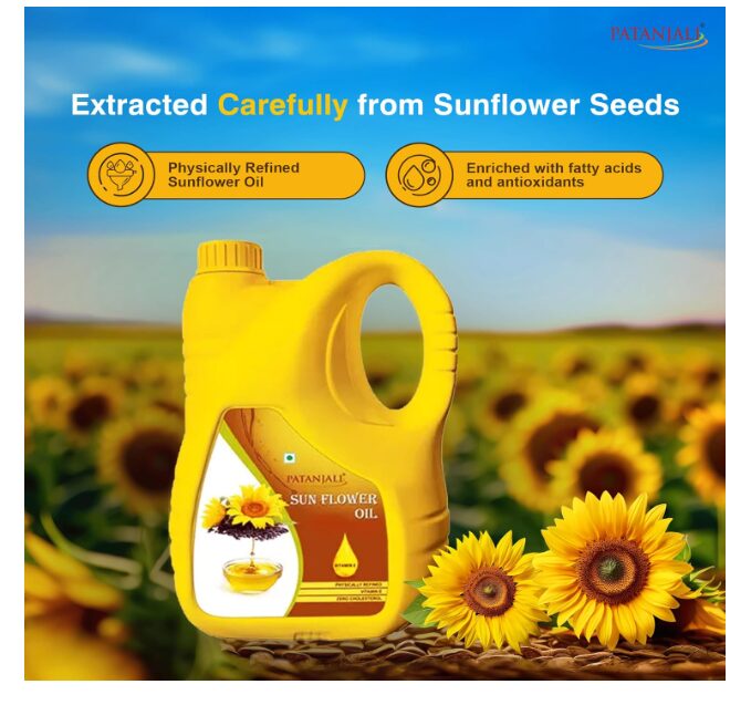 Patanjali Fortified Sunflower Oil Cold Pressed Cooking oil suitable for Cooking & Frying, Nutrient-Rich & Cholesterol Free Cooking Oil for Everyday Use, 5L Jar