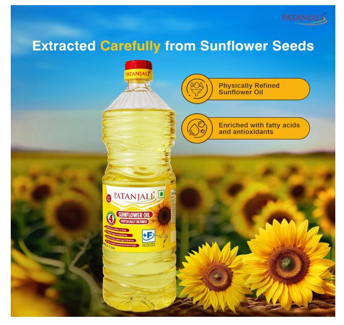 Patanjali Fortified Sunflower Oil 1L/850g Bottle, Cold Pressed Edible Oil Enriched with Vitamins A & D, Light and Nutrient-Rich Cooking Oil Suitable for Daily Cooking and Frying