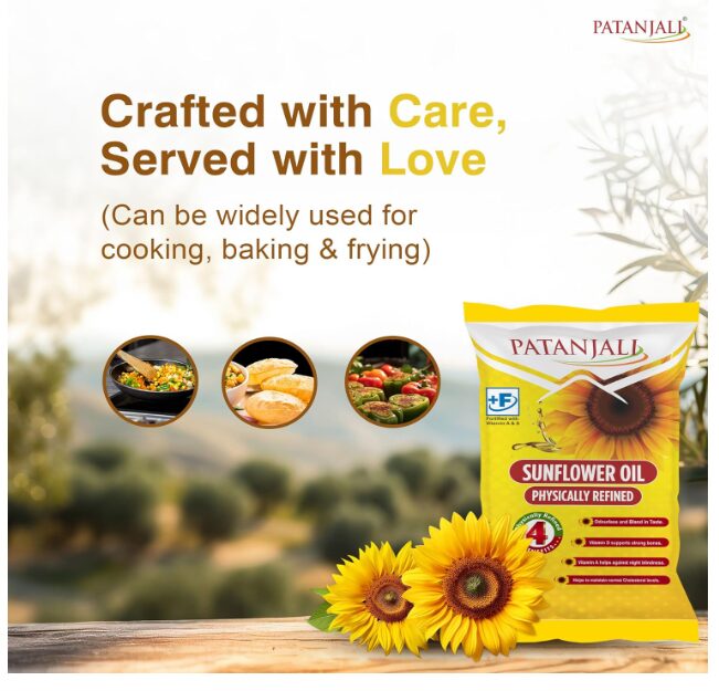 Patanjali Fortified Sunflower Oil 750gm/770gm, Cold Pressed Cooking oil suitable for Cooking & Frying, Nutrient-Rich & Cholesterol Free Cooking Oil for Everyday Use - Image 2