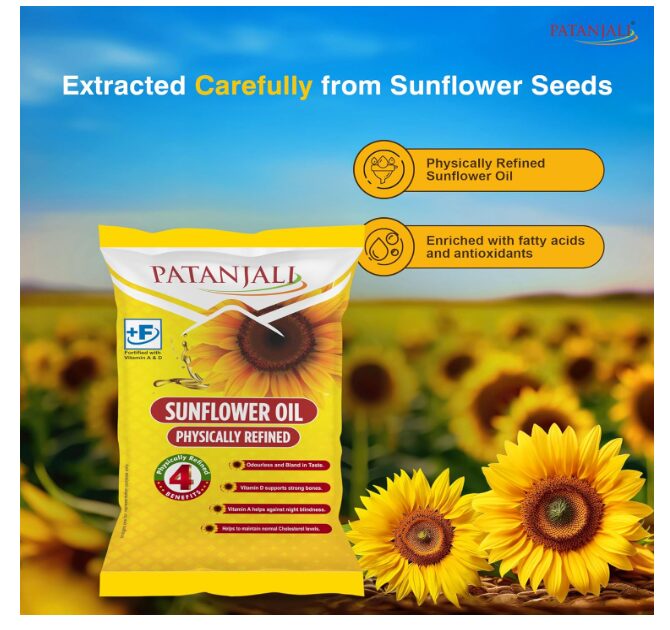 Patanjali Fortified Sunflower Oil 750gm/770gm, Cold Pressed Cooking oil suitable for Cooking & Frying, Nutrient-Rich & Cholesterol Free Cooking Oil for Everyday Use