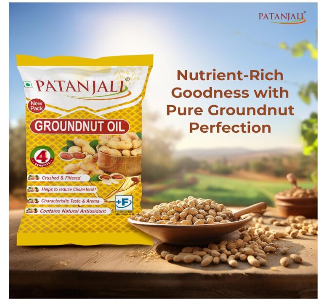 Patanjali Groundnut Oil, Kacchi Ghani, Virgin, Unrefined, Cold pressed, Edible Oil for Cooking, Baking & Frying for Rich Flavour & Nutrition 750Gm Pouch