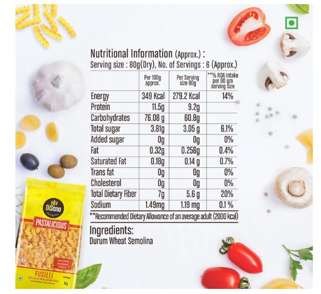 DiSano Fusilli Pasta 1kg, Healthy Pasta, Made with 100% Durum Wheat Semolina, 100% Suji, No Maida, Source of Protein & Fibre, Non-Sticky - Image 2