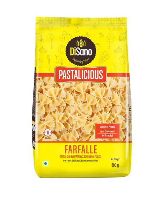 DiSano Farfalle Pasta 500g, Healthy Pasta, Made with 100% Durum Wheat Semolina, 100% Suji, No Maida, Source of Protein & Fibre, Non-Sticky