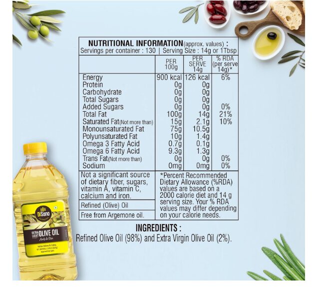 DiSano Extra Light Olive Oil 2L, Ideal for Indian Cooking (Pack of 2) - Image 2