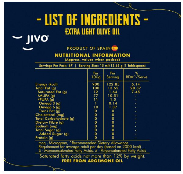 Jivo Extra Light Olive Oil 1 Litre | Imported from Spain | Everyday Cooking, Dressings, Salad, Soups, Dips, and Marinades All Culinary Uses | Light, Flavorful High MUFA & Rich in Antioxidants - Image 2