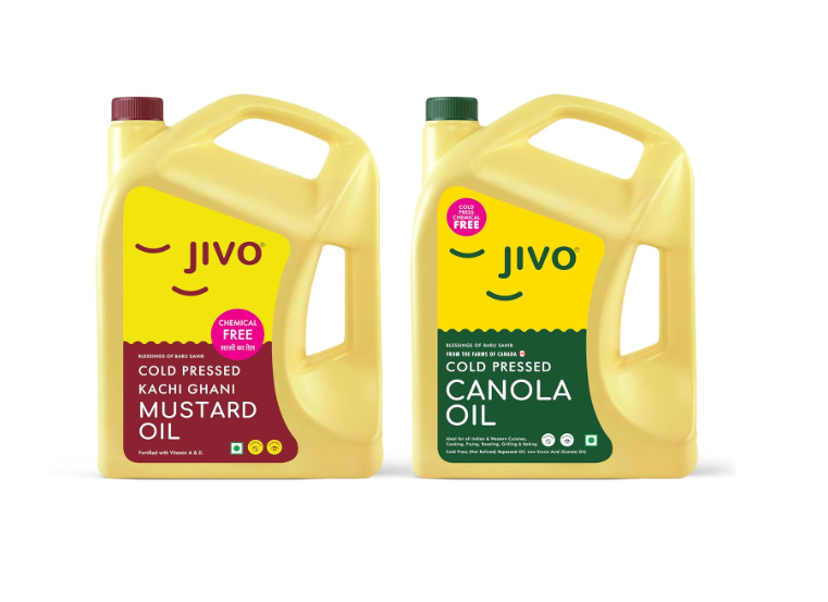 Jivo Canola Cold Press Edible Oil 5 Litre + Jivo Kachi Ghani mustard Oil 5 Litre | Pack of 2 |Healthy Cooking Oil for Daily use, Ideal for all type of Cuisines |Lowest in Saturated Fat