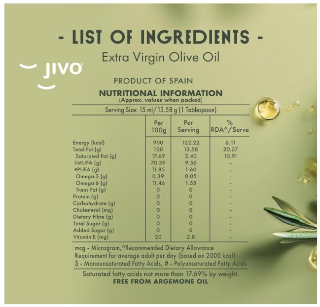 Jivo Extra Virgin Olive Oil 1 litre | Imported from Spain | Contains Vitamin E | Low in Saturated Fat | Natural Cooking Oil | Ideal for Dressings, Salad, and Soups, Dips & Marinades - Image 2
