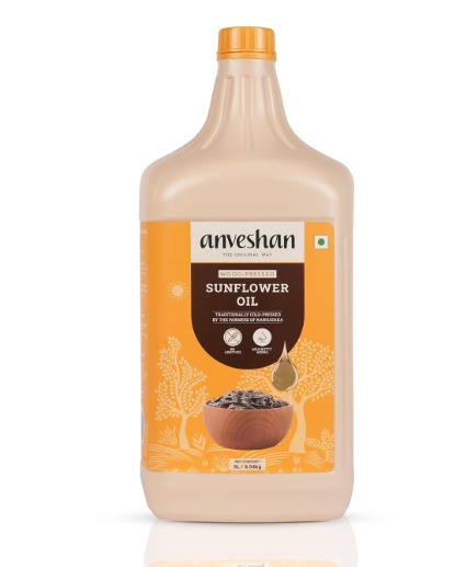Anveshan Wood Cold Pressed Sunflower Oil 5L | HDPE Can | Kolhu/Chekku| Natural Antioxidants & Rich in Omega-6 | Hexane Free| Cholesterol Free