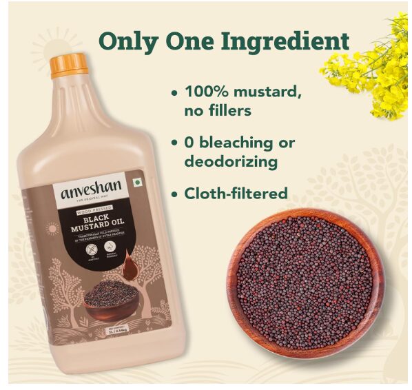 Anveshan Wood Cold Pressed Mustard Oil-5 Litre |HDPE Can| Kolhu/Kacchi Ghani/Chekku | A1 Grade Mustard Seeds & 0 trans fat| Rich Aroma | Naturally Cholesterol Free & Goodness of Omega 3