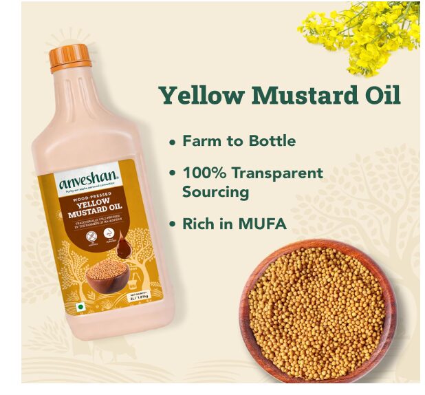 Anveshan Wood Cold Pressed Yellow Mustard Oil - 2 Litre | HDPE Can | Kolhu/Kacchi Ghani/Chekku | A1 Grade Mustard Seeds & 0 trans fat| Rich Aroma | Naturally Cholesterol Free & Goodness of Omega 3