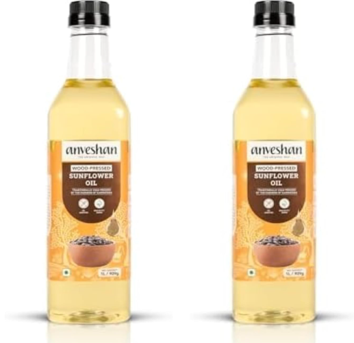 Anveshan Wood Pressed Sunflower Oil 1L | Plastic Bottle | Kolhu/Chekku | Extracted on Wooden Churner | Natural | Chemical-Free | Cold Pressed Sunflower Oil for Cooking (Pack of 2)