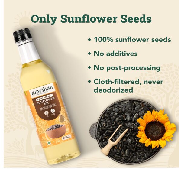 Anveshan Wood Pressed Sunflower Oil 1L | Plastic Bottle | Kolhu/Chekku | Extracted on Wooden Churner | Natural | Chemical-Free | Cold Pressed Sunflower Oil for Cooking (Pack of 2) - Image 2