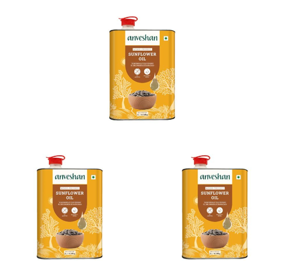 Anveshan Wood Cold Pressed Sunflower Oil 5L | Tin Can | Kolhu/Chekku | Natural Antioxidants & Rich in Omega-6 | Hexane Free| Cholesterol Free (Pack of 3)