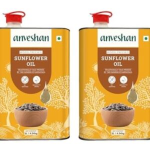 Anveshan Wood Pressed Sunflower Oil 5L | Tin Can | Kolhu/Chekku | Extracted on Wooden Churner | Natural | Chemical-Free | Cold Pressed Sunflower Oil for Cooking (Pack of 2)