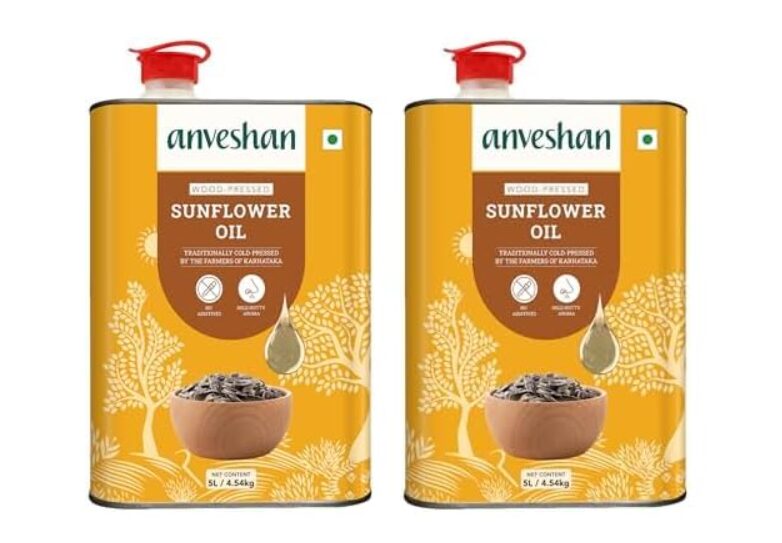 Anveshan Wood Pressed Sunflower Oil 5L | Tin Can | Kolhu/Chekku | Extracted on Wooden Churner | Natural | Chemical-Free | Cold Pressed Sunflower Oil for Cooking (Pack of 2)