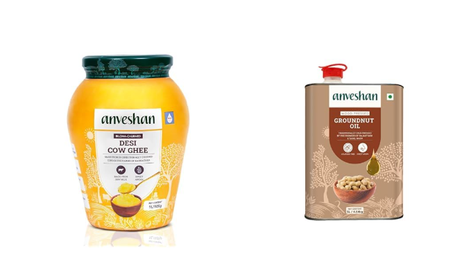 Anveshan A2 Cow Ghee 1 Litre | Traditionally Bilona-Churned, Danedar Ghee | Aromatic| NABL Lab + Anveshan Wood Cold Pressed Ground Nut Oil - 5 Litre | Tin Can | Kolhu/Kacchi Ghani/Chekku |
