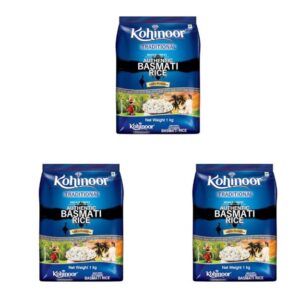 Kohinoor Traditional Authentic Basmati Rice, 1 kg | From Foothills of the Himalayas | Naturally Aged for 2 Years | Aromatic, Long-Grain & Fluffy Rice (Pack of 3)