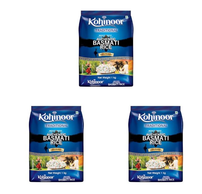 Kohinoor Traditional Authentic Basmati Rice, 1 kg | From Foothills of the Himalayas | Naturally Aged for 2 Years | Aromatic, Long-Grain & Fluffy Rice (Pack of 3)