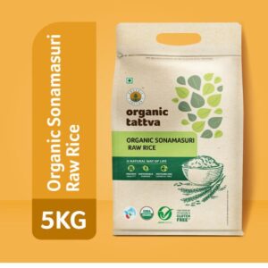 Organic Tattva Sona Masoori Rice 5kg Pack | Organic Raw Rice | Naturally Gluten Free | Unpolished Single Polished Sonamasoori, Pesticide & Chemical Free | 5kg Bag