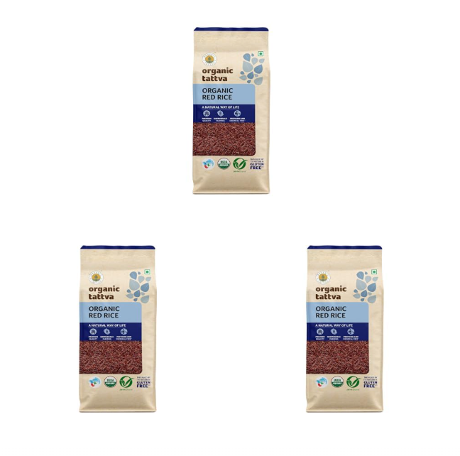 Organic Red Rice Organic 1 KG | Natural Unpolished Lal Chawal | Rich in Iron, Fiber & Antioxidants | Gluten-Free Grocery Staple | No Additives (Pack of 3)