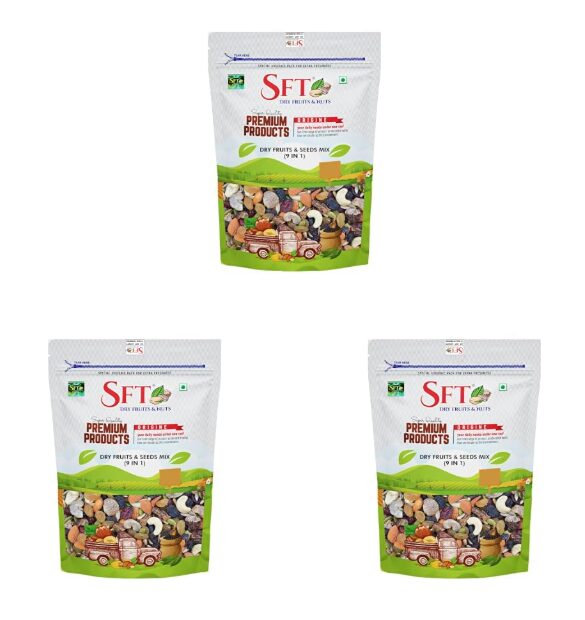 SFT Premium Mixed Dry Fruits & Seeds (9 In 1) Pack 500Gm | Nutritious Snack with Almonds, Cashews, Diced Dates, Black Raisins, Green Raisins, Amla Candy, Cranberry, Pumpkin & Sunflower Seeds | Resealable Pack for Freshness