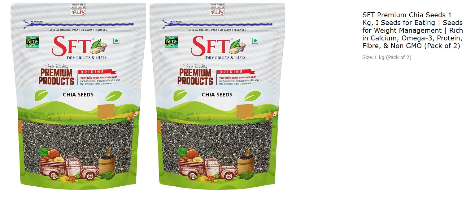 SFT Premium Chia Seeds 1 Kg, I Seeds for Eating | Seeds for Weight Management | Rich in Calcium, Omega-3, Protein, Fibre, & Non GMO (Pack of 2)
