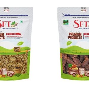 SFT Walnut Kernels Broken (Akhrot Giri) [raw,Grade - 8 Pieces] 1 Kg & SFT Dried Dates Brown,Black/Sukha Khajoor (Kala Chuara) 1 Kg