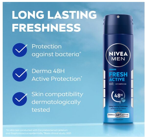 NIVEA Men Fresh Active Deodorant Spray, 48H Odour Protection Daily Freshness, Marine Fresh Fragrance with Lemon & Sandalwood Notes, Long Lasting Freshness, Body Spray & Underarm Deodorant, 150 ml - Image 2