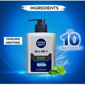 NIVEA MEN All in 1 Oil Control Face Wash | Prevents Acne | Removes excess oil and dirt | Reduces Blackheads and Whiteheads | Cooling Menthol | Unclogs & refines pores | 150ml