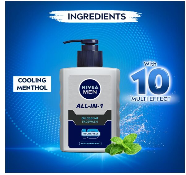 NIVEA MEN All in 1 Oil Control Face Wash | Prevents Acne | Removes excess oil and dirt | Reduces Blackheads and Whiteheads | Cooling Menthol | Unclogs & refines pores | 150ml