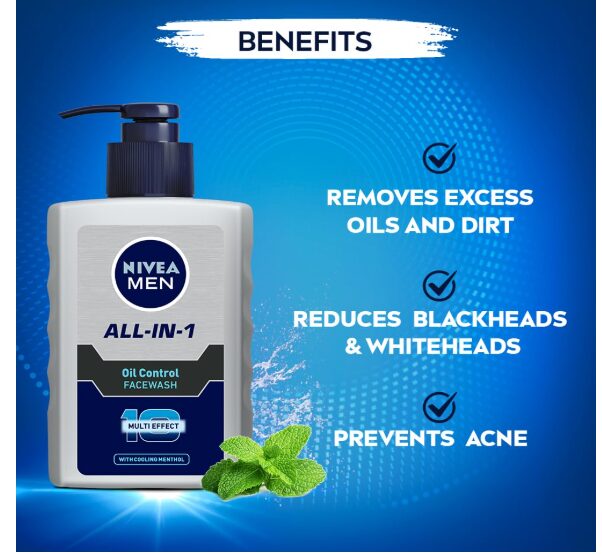 NIVEA MEN All in 1 Oil Control Face Wash | Prevents Acne | Removes excess oil and dirt | Reduces Blackheads and Whiteheads | Cooling Menthol | Unclogs & refines pores | 150ml - Image 2