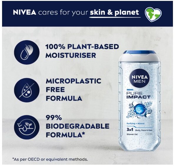 NIVEA MEN Pure Impact 500ml Body Wash| Shower Gel for Face, Body & Hair| Purifying Micro Particles for Extra Fine Scrub & Instant Summer Freshness|Clean, Healthy & Moisturized Skin - Image 2
