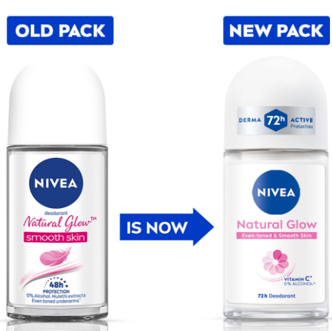 NIVEA Natural Glow Smooth Skin Deodorant Underarm Roll On For Women|Vitamin C,Vitamin E,Avocado Oil And Licorice Extract|72 H Even Toned,Smooth & Bright Underarms|0% Alcohol And Dermat Approved|50 Ml
