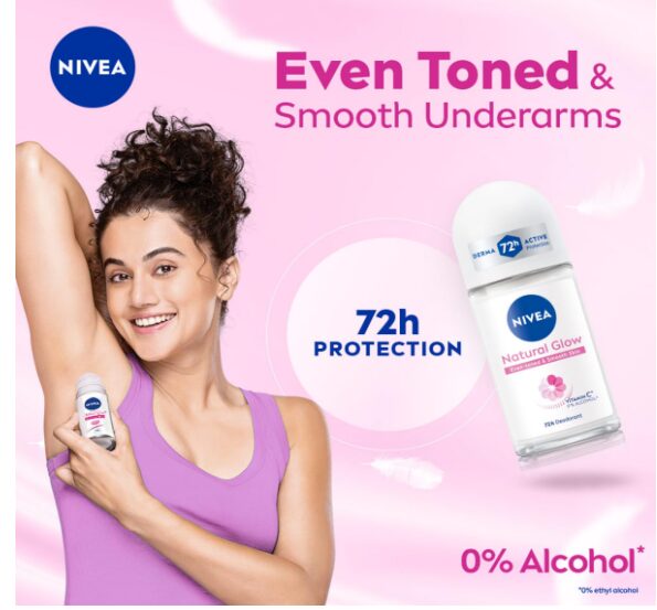 NIVEA Natural Glow Smooth Skin Deodorant Underarm Roll On For Women|Vitamin C,Vitamin E,Avocado Oil And Licorice Extract|72 H Even Toned,Smooth & Bright Underarms|0% Alcohol And Dermat Approved|50 Ml - Image 2