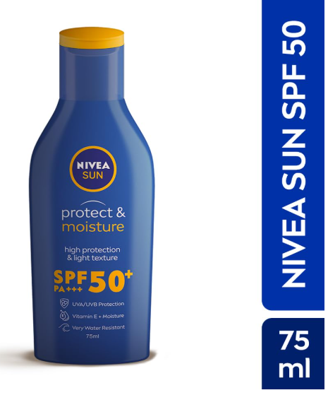 NIVEA Sun Protect and Moisture 75ml SPF 50 Advanced Sunscreen for Normal Instant Protection| PA+++ UVA - UVB Protection System| Vitamin E + Moisture| Very Water Resistant| For Unisex