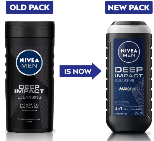 Nivea Men Body Wash, Deep Impact, 3 In 1 Shower Gel For Body, Face & Hair, With Microfine Clay, 250ml