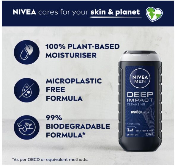 Nivea Men Body Wash, Deep Impact, 3 In 1 Shower Gel For Body, Face & Hair, With Microfine Clay, 250ml - Image 2