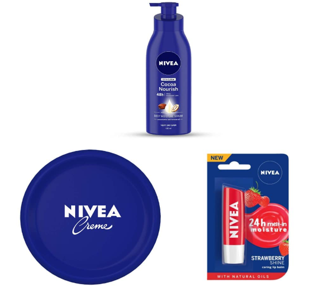 NIVEA Body Lotion, Oil in Lotion Cocoa Nourish, For Very Dry Skin, 400ml And NIVEA Crème, All Season Multi-Purpose Cream, 200ml And NIVEA Lip Balm, Fruity Strawberry Shine, 4.8g