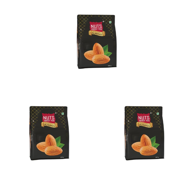 Nuts About You Premium ALMONDS, 200 g | New Crop | Premium | 100% Natural | Badam | Fresh & Crisp | (Pack of 3)