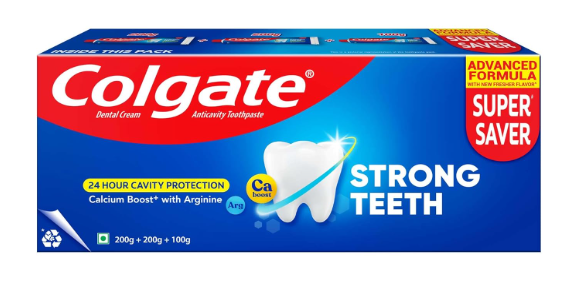Colgate Strong Teeth, 500g (200g + 200g + 100g), Calcium-boost Tooth Paste for 2X Stronger Teeth, Protects Enamel, Whitens Teeth, Fresh Breath & Prevents Cavities (Combo Multipack)