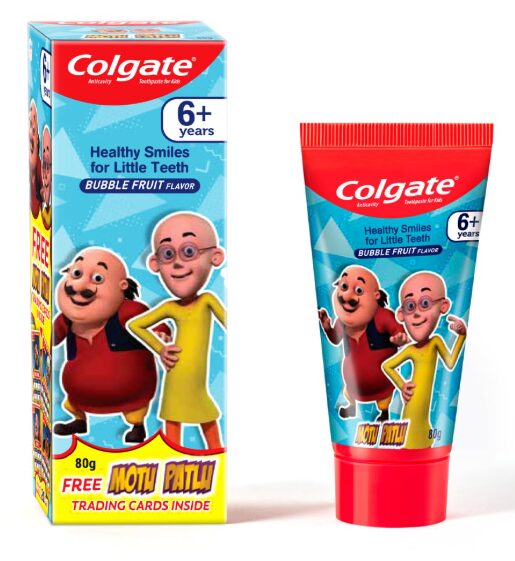 Colgate Kids Toothpaste For 6+ Years, Motu Patlu, Bubble Fruit Flavour, Gentle Protection Tooth Paste With 50% Lesser Abrasive Formula For Protecting Against Cavities, Enamel Protection, 80G
