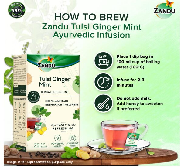 Zandu Tulsi Ginger Mint Herbal Infusion, a Herbal Tea Enriched with Ayurvedic Ingredients (25 Tea Bags) - Image 2