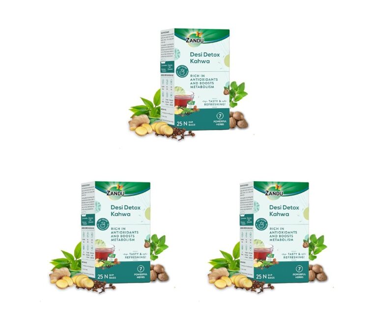 Zandu Desi Detox Kahwa Use The Power Of Green Tea | Metabolism Booster & Natural Detoxifier | Supports Overall Health & Well-Being (25 Tea Bags), 100 gram (Pack of 3)
