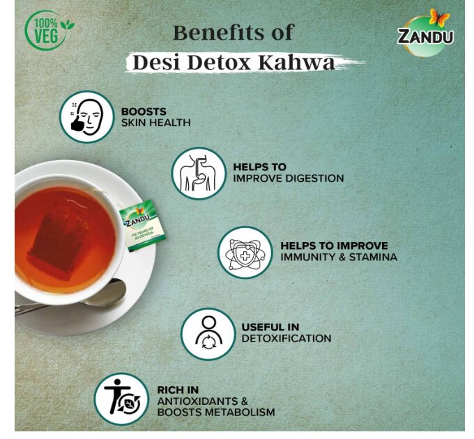 Zandu Desi Detox Kahwa Use The Power Of Green Tea | Metabolism Booster & Natural Detoxifier | Supports Overall Health & Well-Being (25 Tea Bags), 100 gram (Pack of 3) - Image 2
