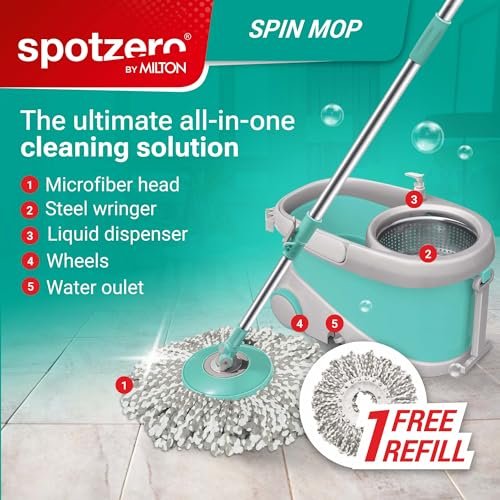 Premium Spotzero by Milton Prime Spin Mop with Stainless Steel Wringer | 360° Rotating Mop | 2 Microfiber Refills | Big Wheels | Liquid Dispenser | Aqua Green - Image 2