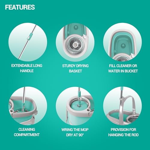 Premium Spotzero by Milton Prime Spin Mop with Stainless Steel Wringer | 360° Rotating Mop | 2 Microfiber Refills | Big Wheels | Liquid Dispenser | Aqua Green - Image 3