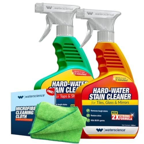 WaterScience Quick Hard Water Stain Remover Spray Combo Pack 1L | Limescale Remover with Microfiber Cloth | Bathroom & Kitchen Descaler for Taps, Tiles, Glass & Mirrors