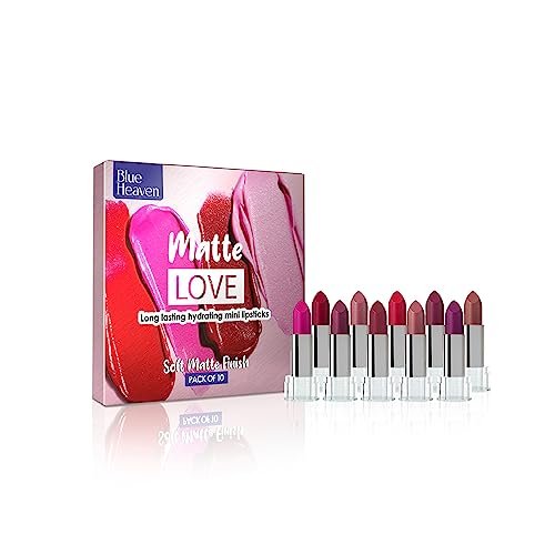 Blue Heaven Matte Love Mini Lipsticks Pack of 10 | Long-Lasting Soft Matte Lipstick Set | Hydrating Mini Lipsticks for Women