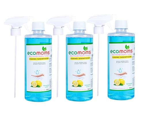 Ecomoms Hand Sanitizer 500ml Pack of 3 | 75% Alcohol Formula | 99.99% Germ Protection | Lemon Scent | Moisturizing & Paraben Free